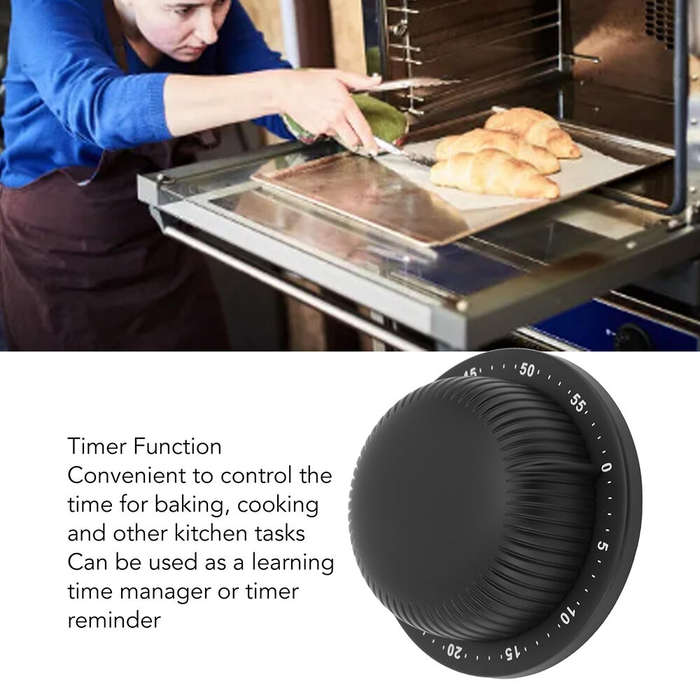 Black - Magnetic Stainless Steel Mechanical Kitchen Timer Battery-Free Countdown Clock for Cooking,