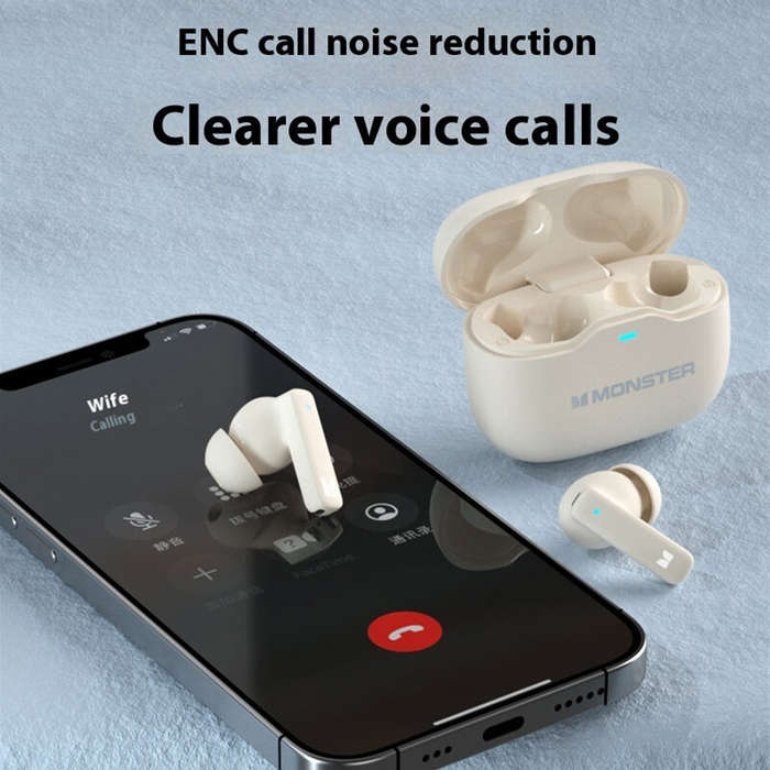 Beige - MONSTER GT17 TWS Earbuds bluetooth 5.4 Earphone ENC Noise Cancelling 10mm Drivers Unit 24H P
