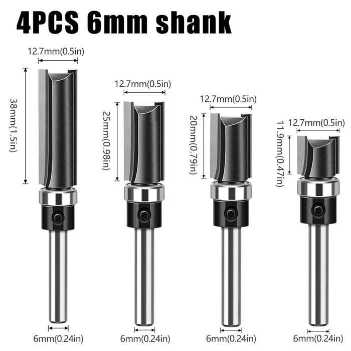1/4 Inch 6.35mm Shank - LAVIE 4pcs 6mm 1/4 Inch Shank Straight Router Bit with Bottom Bearing 12.7mm