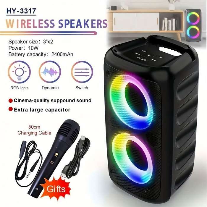 Black - HY-3317 Portable bluetooth Speaker Wireless Speakers RGB Light Dual Subwoofers Tweeter Suppo