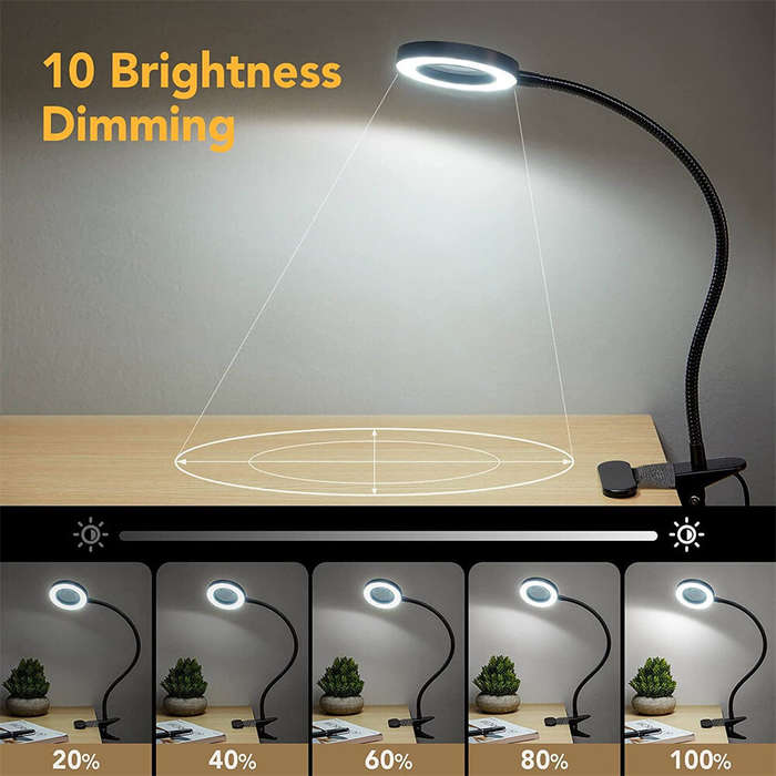 Black - 5X LED Magnifying Lamp Clip-On with USB Magnifier Adjustable Brightness and Color Temperatur
