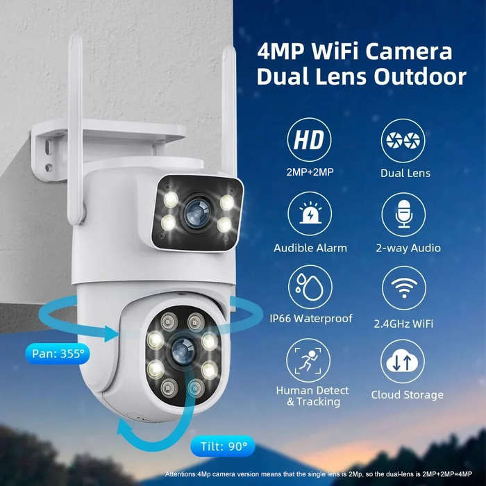 EU Plug - 4MP Dual Lens Tuya Wifi Camera PTZ Outdoor 4K Wireless Dual Screen Security Camera Auto Tr