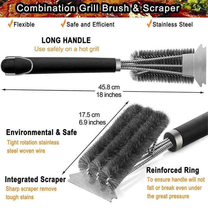 S01 - Long Handle BBQ Grill Cleaning Brush with Stainless Steel Scraper Bristles Cleaner Heavy Duty