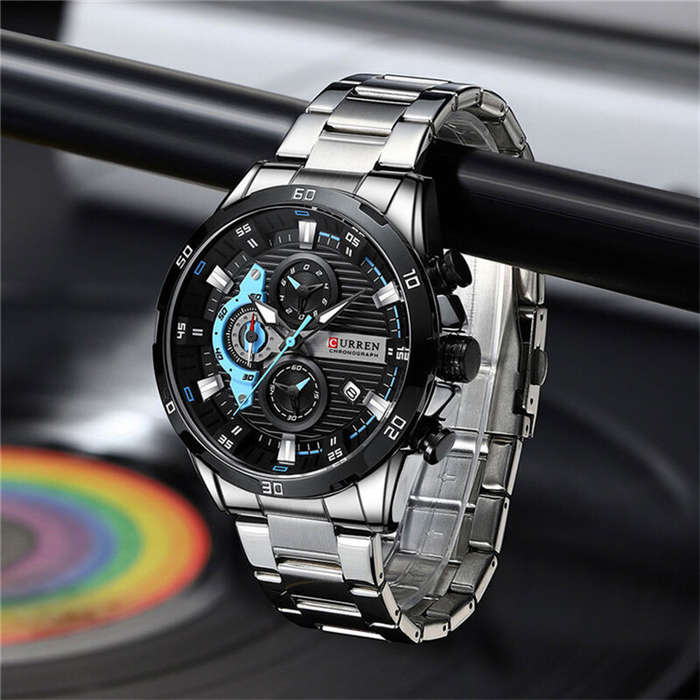 Silver - CURREN Fashion Men Stainless Steel Strap Quartz Watch Multi-function Chronograph Waterproof