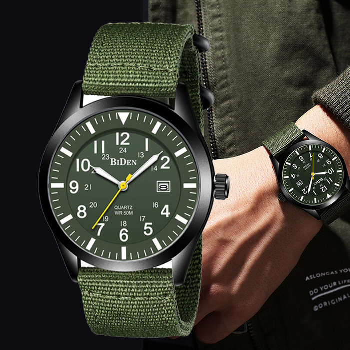 Black - BIDEN 12/24Hours Scale Calendar Quartz Watch Outdoor Sports Luminous Waterproof Nylon Strap