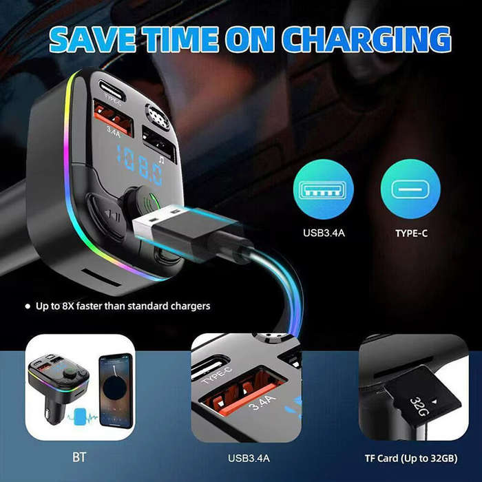 Black - Car Charger Bluetooth 5.0 FM Transmitter PD Type-C Dual USB Ambient Player MP3 Charger Type-
