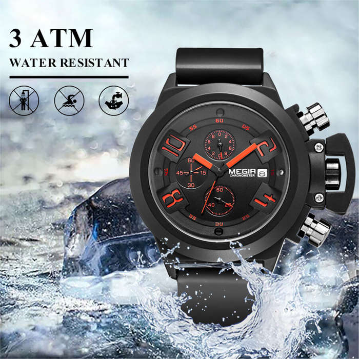 Black - MEGIR Men Multi-functional Watch Sports Chronograph Wristwatch Waterproof Calendar Quartz Wa