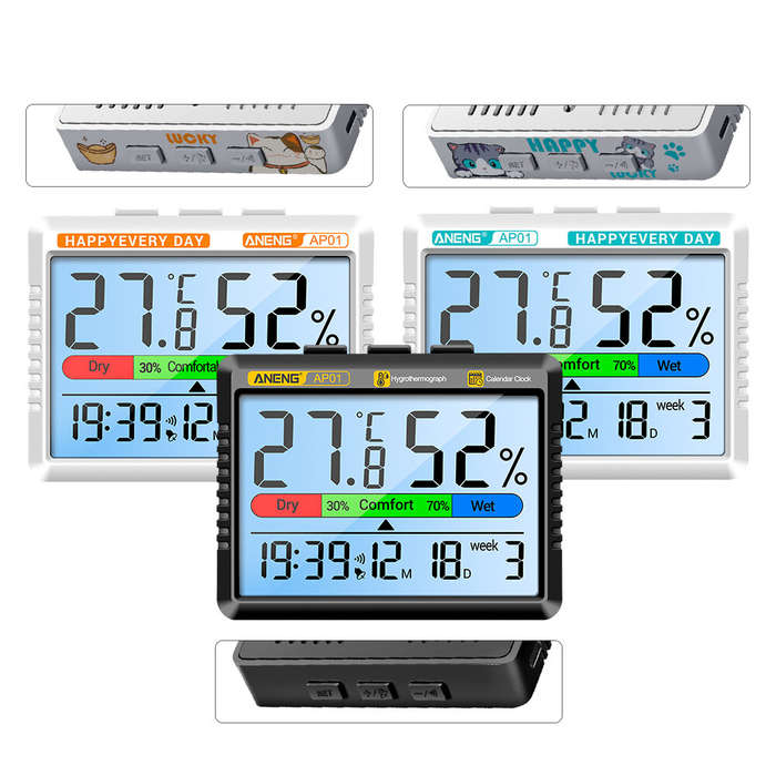 Black - ANENG AP01 Thermohygrometer Clock with Backlit LCD Display Real-Time Temperature and Humidit