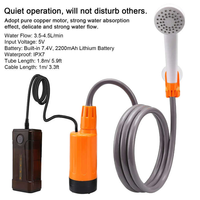White+Orange - IPRee 3.5-4.5L/min Outdoor Camping Shower Portable Electric Shower Pump IPX7 with LED