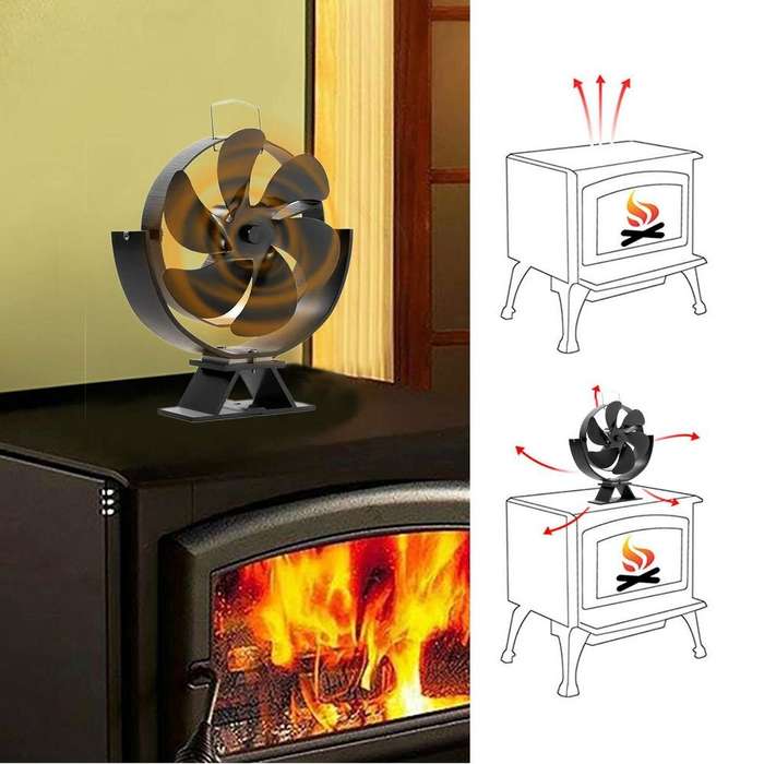 Black - 6 Blade Wood Burner Fireplace Fan Mini Heat Powered Stove Fan Eco-fan Quiet Home Efficient H
