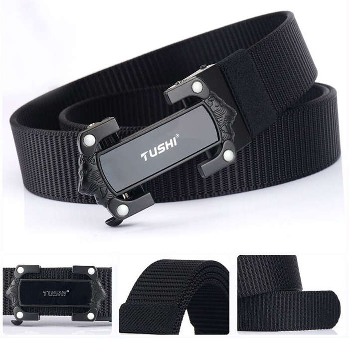 Blue - TUSHI Strong Metal Automatic Buckle Black Belt Wear-resistant Tough 125cm Nylon Belts For Men