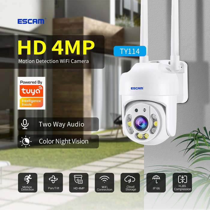 ESCAM TY114 4MP 1440P WiFi IP Camera Tuya Full Color Wireless PTZ IP Dome Camera AI Humanoid Home Se