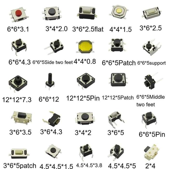 250pcs 25Values Micro Switch Assorted Push Button Tact Switches Reset Mini Leaf Switch SMD DIP 2*4 3