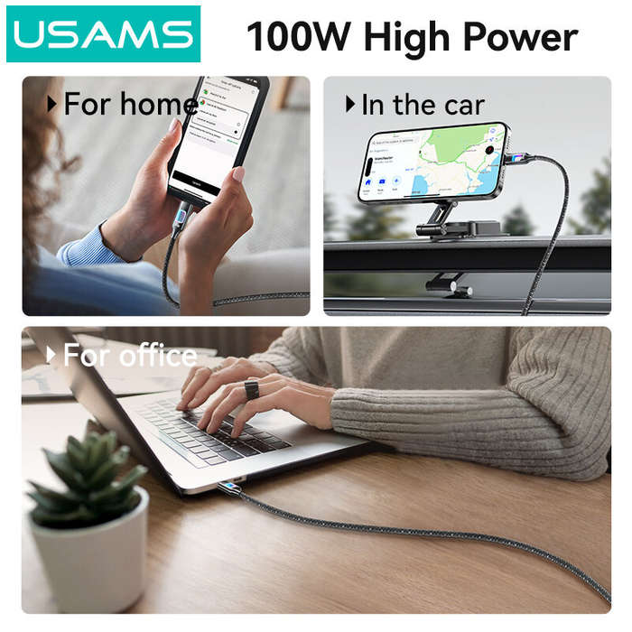 Grey+C-C+100W - USAMS SJ750 100W Type-C to Type-C Cable PD Fast Charging Data Transmission Tinned Co