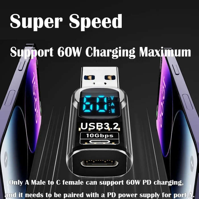 C-F to A-M Black - LED Digital Display USB 3.2 Adapter 10Gbps 36-60W Power Meter Tester Smart Chip D