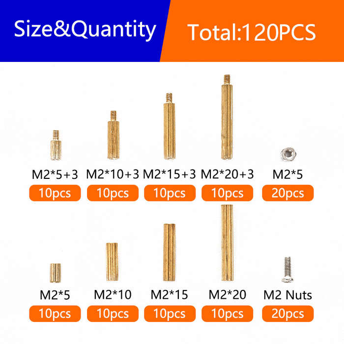 120PCS - 120PCS M2 Brass Standoff Spacer Kit Assorted Sizes with Screws and Nuts Rust Resistant for