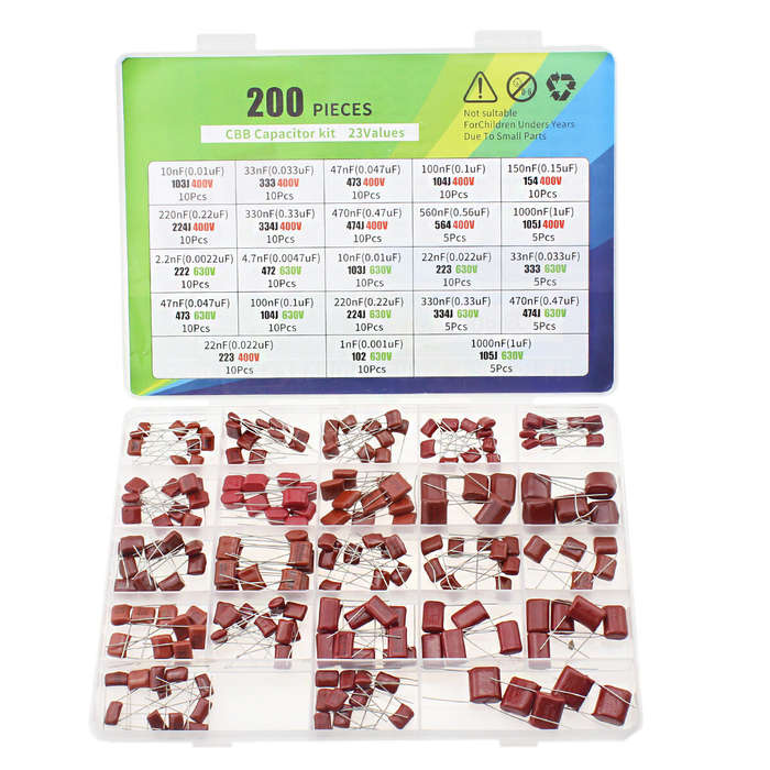 with box - 200PCS 23 Values CBB Capacitor Assortment Kit Metallized Polyester Film 400V 630V High Vo