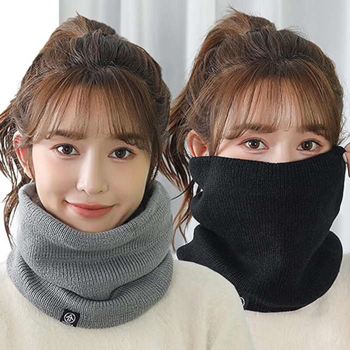 Black - TENGOO Vintage Solid Color Knit Tube Neck Gaiter Thickened Fleece Lined Scarf Autumn Winter