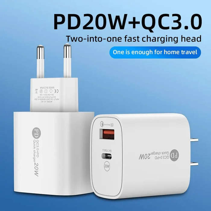 EU Plug - PD20W 2-Port USB PD Charger USB-A+Type-C PD QC3.0 Fast Charging Wall Charger Adapter EU Pl