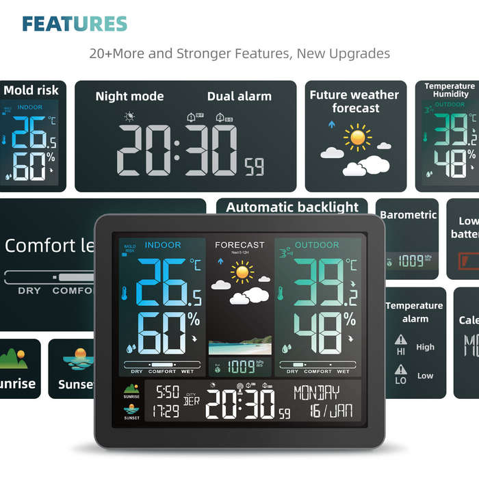 Digital Weather Station Alarm Clock Wireless Indoor Outdoor Thermometer with Atomic Clock Forecast S