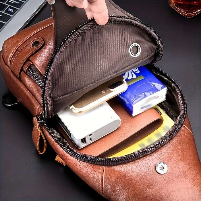 Brown - BULLCAPTAIN Mens Genuine Leather USB Charging Large Capacity Business Casual Chest Bag Shoul