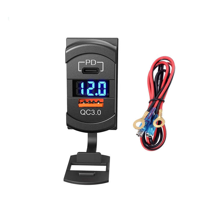 Blue Light - 12-24V Dual USB Car Charger Socket PD QC3.0 Power Adapter with Digital Display Voltmete