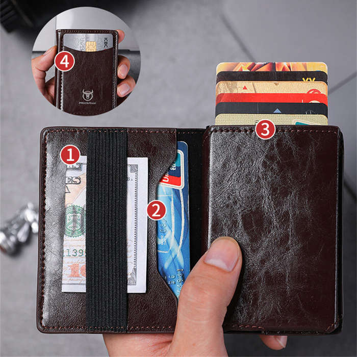 Brown - BULLCAPTAIN Men's Mobile Phone Holder Card Holder RFID Blocking Leather Wallet Aluminium Box
