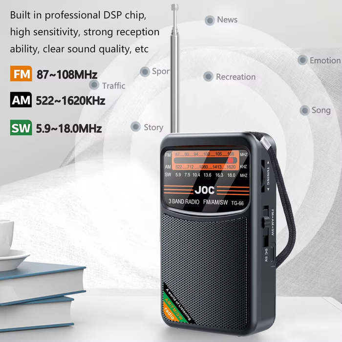 Gold - TG-66 Portable Radio AM FM SW Pocket Radio with Rechargeable Battery Good Reception Supports