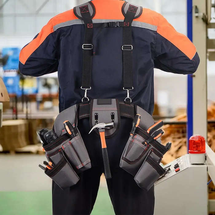 Gray - 12 Pockets Tool Bag Belt 1 Hammer Holder Ergonomic Design High Durability Polyester Nylon for