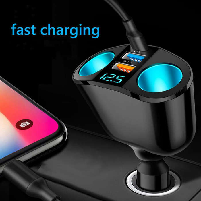 120W QC3.0 Car Charger 12V/24V Dual USB Power Adapter Fast Charging Car Lighter Socket with Blue LED