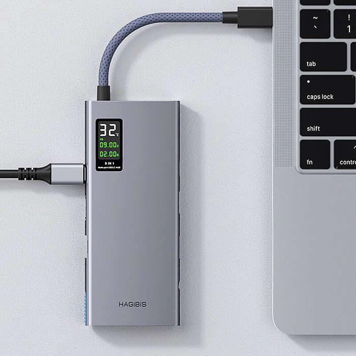 Grey - Hagibis 9-in-1 Type-C Docking Station with LCD Display Multiport Hubs Adapter with USB3.0 USB