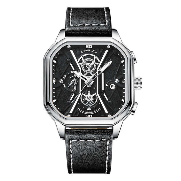 Black Silver - CRRJU Fashion Square Men's Watches Bussiness Quartz Watch Luxury Leather Wristwatch W