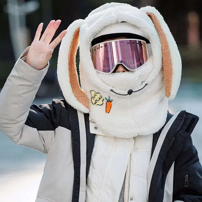 White - Cycling Caps Masks Rabbit Ear Helmet Winter Warm Ski Cover Comfortable Soft Fleece Skiing He