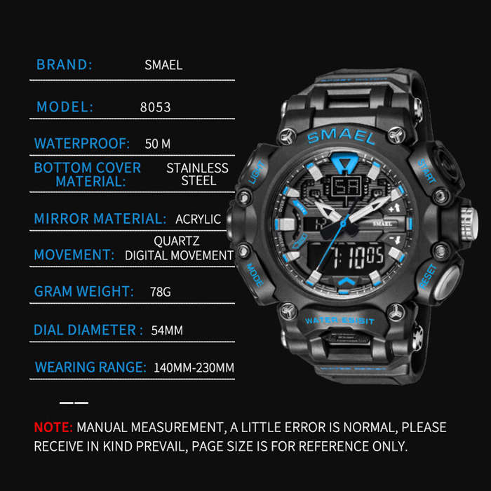 Black/Gold - SMAEL Men Sport Digital Dual Display Watch Multi-function LED Luminous Waterproof Date