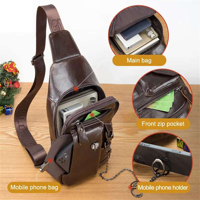Coffee - BULLCAPTAINN Genuine Leather Men's Chest Bag with Phone Holder Multi-Layer Large Capacity S