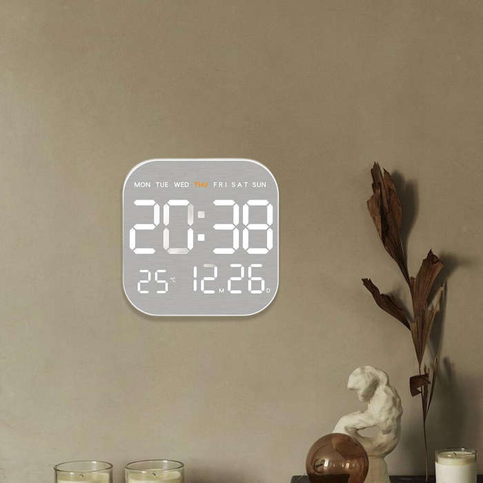 Black - Metal Brushed Texture Digital Wall Clock Alarm Set Large Display Screen LED Alarm Clock Home