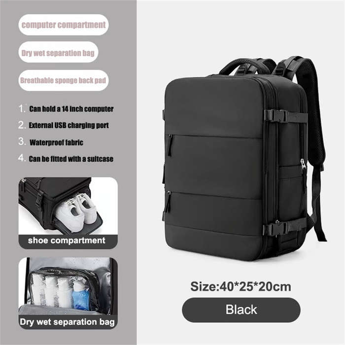 Blue - 40*25*20cm Waterproof Nylon Travel Backpack 180 Open Design Laptop Clothing Shoes Compartment