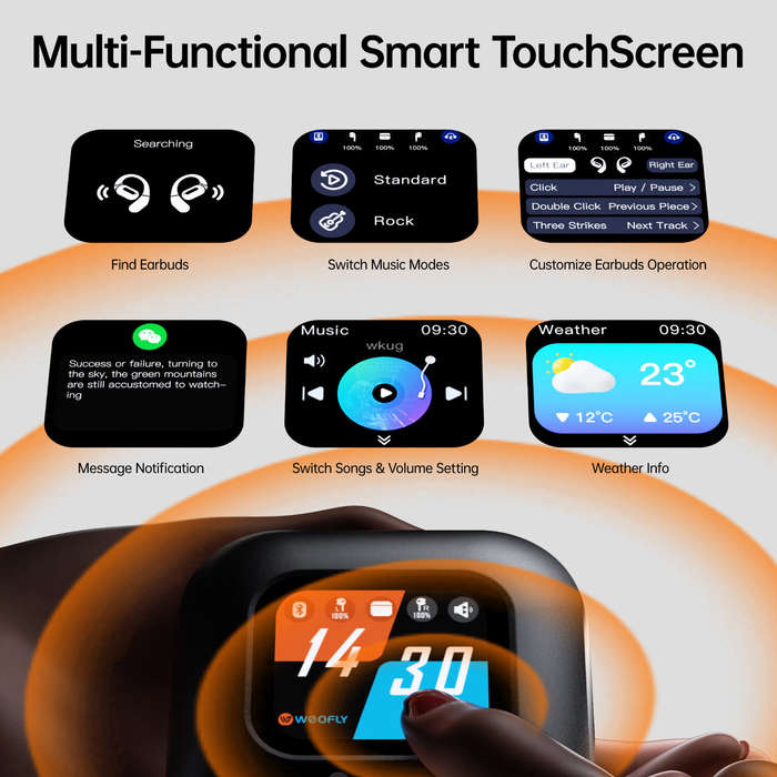 Black - Weofly TouchFits 1.83inch LED Touch Screen Earbuds Wireless bluetooth 5.4 Earphone 15mm Dyna