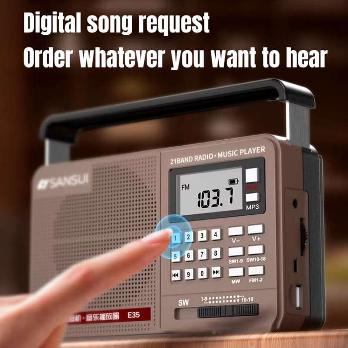 Brown - SANSUI E35 Radio Portable Digital Retro Speaker HiFi Bass Music Player with LED Flashlight F
