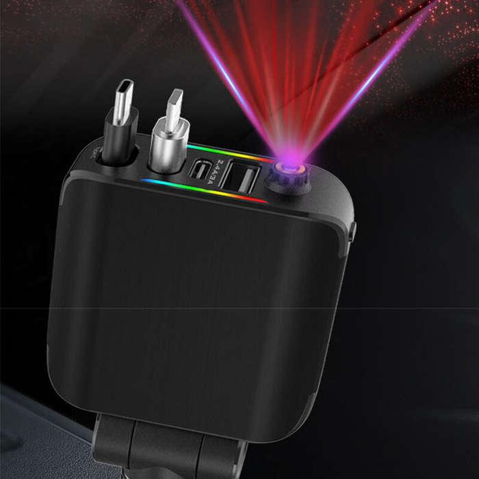 Black - 4-in-1 120W Roof Starlight Car Charger Adapter USB-A+USB-C+Type-C Retractable Cable+iP Conve