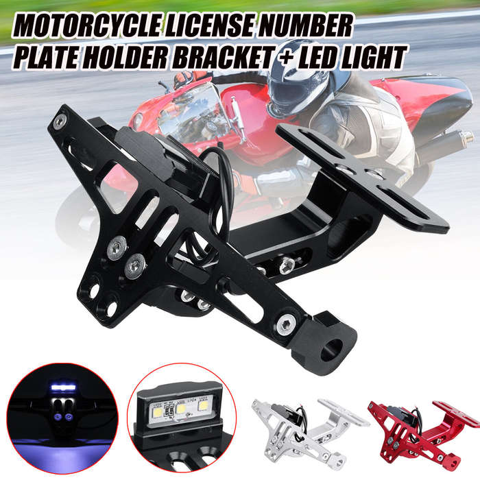 Silver - 12V CNC Motorcycle Alloy License Number Plate Holder Bracket LED Lights Universal