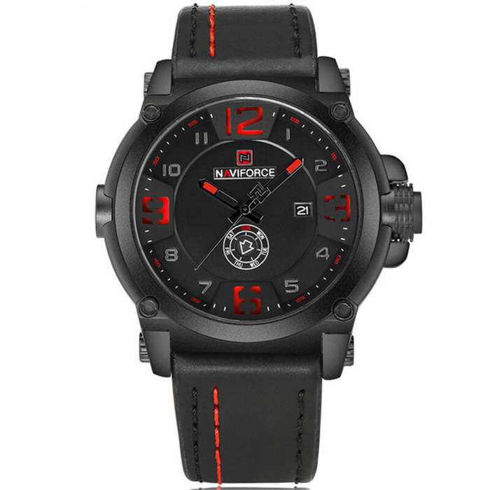 Black+Red - NAVIFORCE Fashion Men Sports Watches Genuine Leather Strap Quartz Watch Waterproof Date