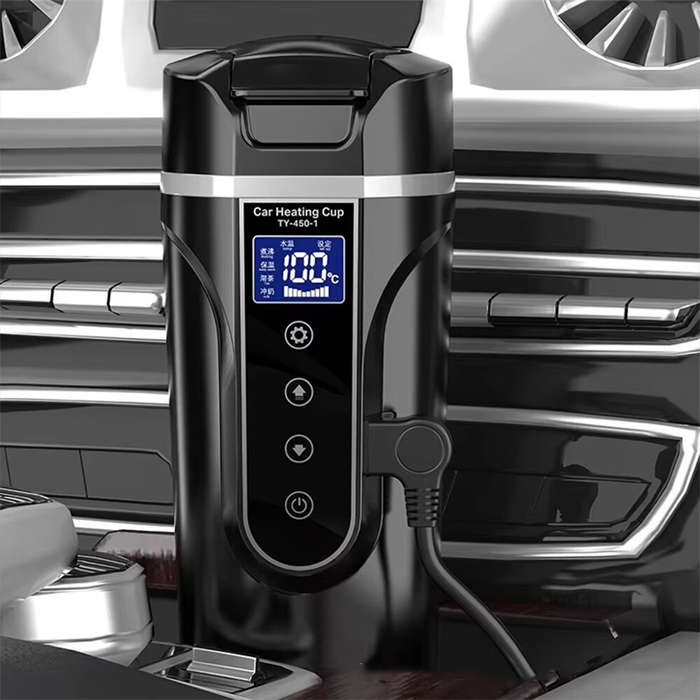 Black - 450ml 12V 24V Car Electric Kettle Cup Stainless Steel Smart Temperature Control Display Port