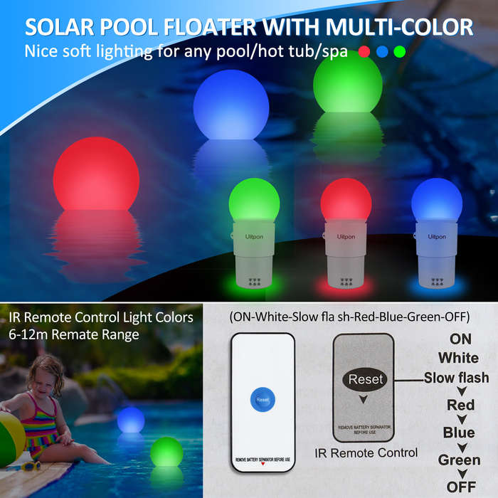 White - Solar Pool Floater Light Chlorine Dispenser RGB LED Color Changing Solar Powered UV Resistan