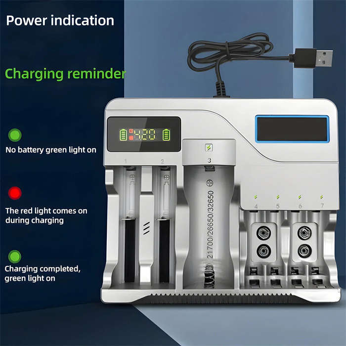 Silver - MS-5D889 18650 Battery Charger 7 Slots LCD Rechargeable Batteries Charging For 4.2V AA AAA