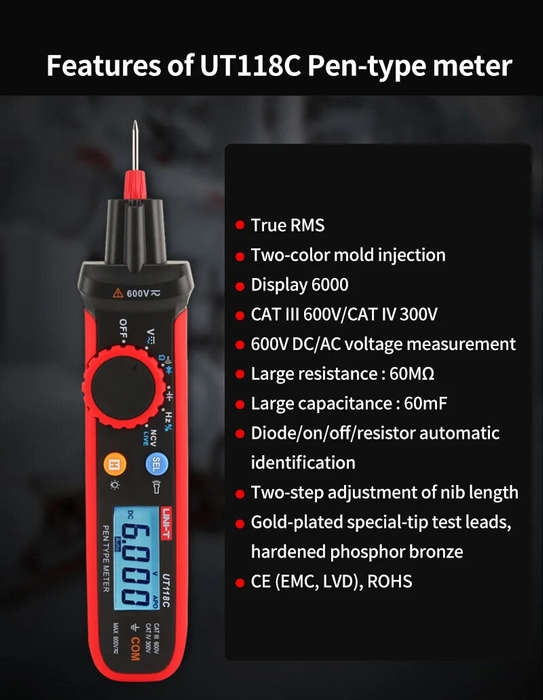Red - UNI-T Pen-Type Meter Digital UT118C 600V DC AC Voltmeter True RMS Frequency Meter NCV Capacita