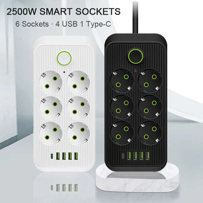 White - F06 2500W EU Plug AC Outlet Power Strip Multitap Extension Cord Electrical Socket with 4 USB