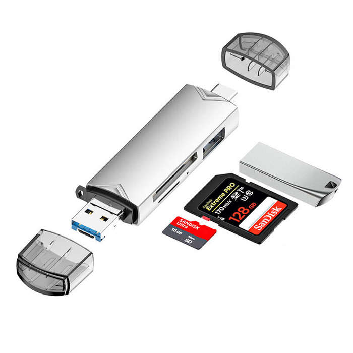 Grey - DM-HC61 6-in-1 OTG Type-C SD TF Card Reader USB 3.0 Micro USB Flash Drive Adapter 5Gbps High