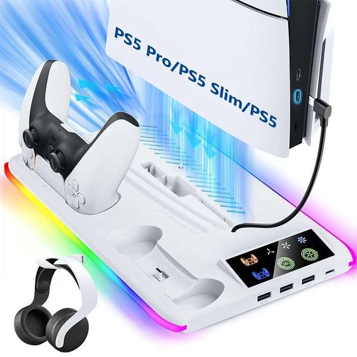 White - HA-8008 Gaming Stand with Cooling Fan RGB Light and Charging Dock for PS5 Slim and PS5 with