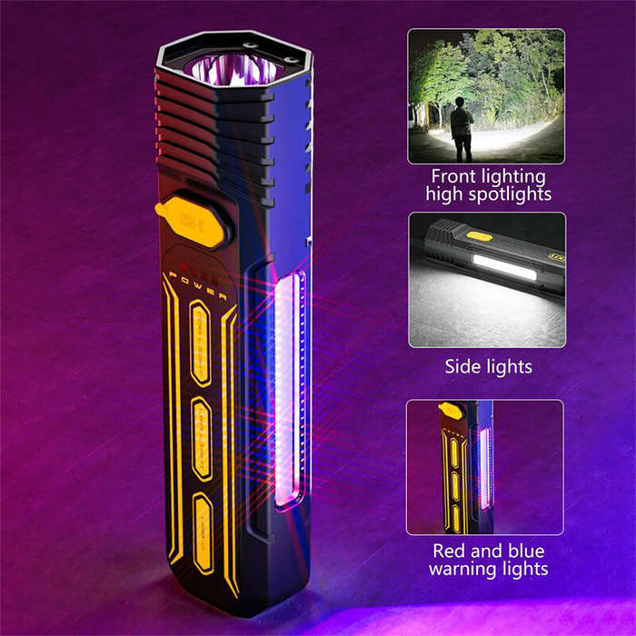 Black - Multi Light Source 250LM Portable LED Flashlight with Side Light USB Rechargeable Strong Lig